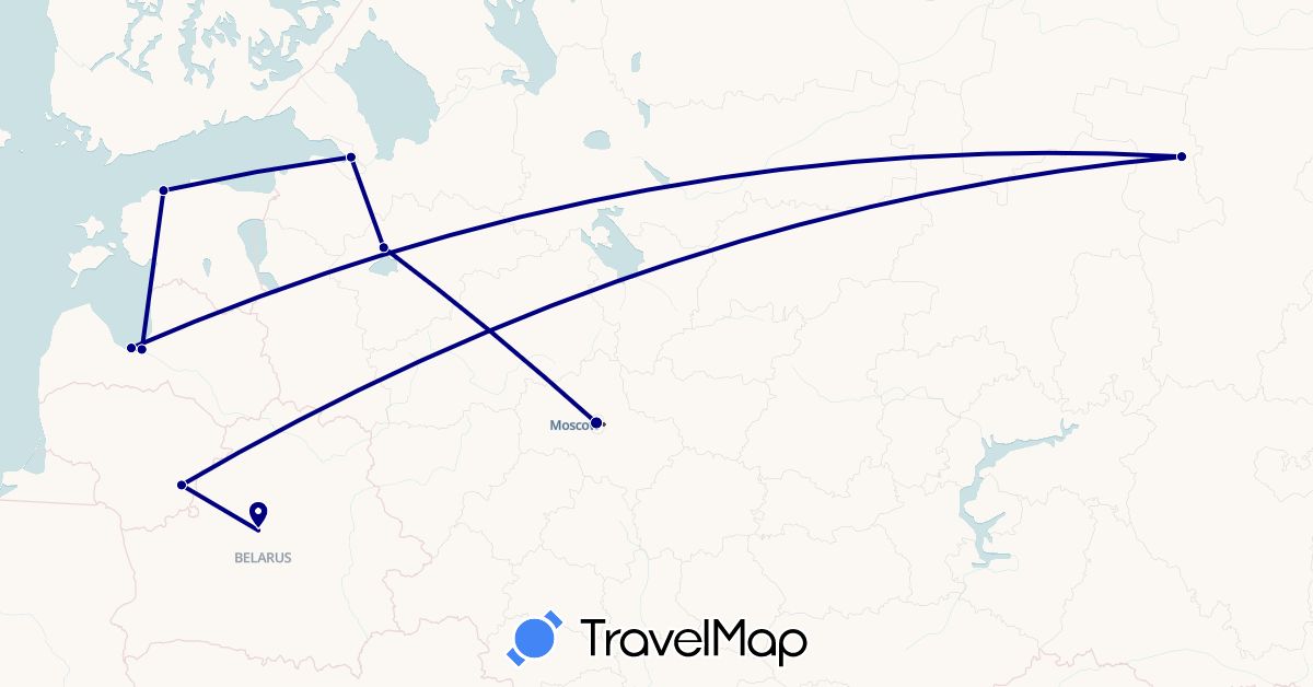 TravelMap itinerary: driving in Belarus, Estonia, Lithuania, Latvia, Russia (Europe)