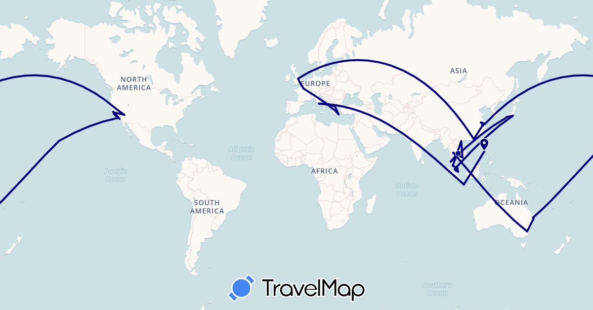TravelMap itinerary: driving in Australia, China, France, United Kingdom, Greece, Indonesia, Italy, Japan, Cambodia, Malaysia, Philippines, Thailand, United States, Vietnam (Asia, Europe, North America, Oceania)