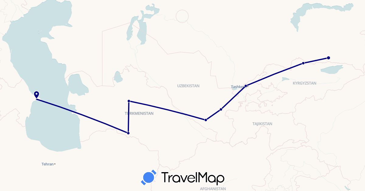 TravelMap itinerary: driving in Azerbaijan, Kyrgyzstan, Kazakhstan, Turkmenistan, Uzbekistan (Asia)