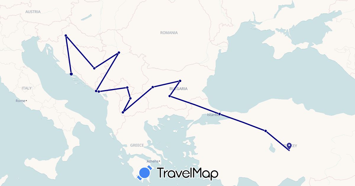 TravelMap itinerary: driving in Bosnia and Herzegovina, Bulgaria, Croatia, Montenegro, Macedonia, Serbia, Turkey, Kosovo (Asia, Europe)