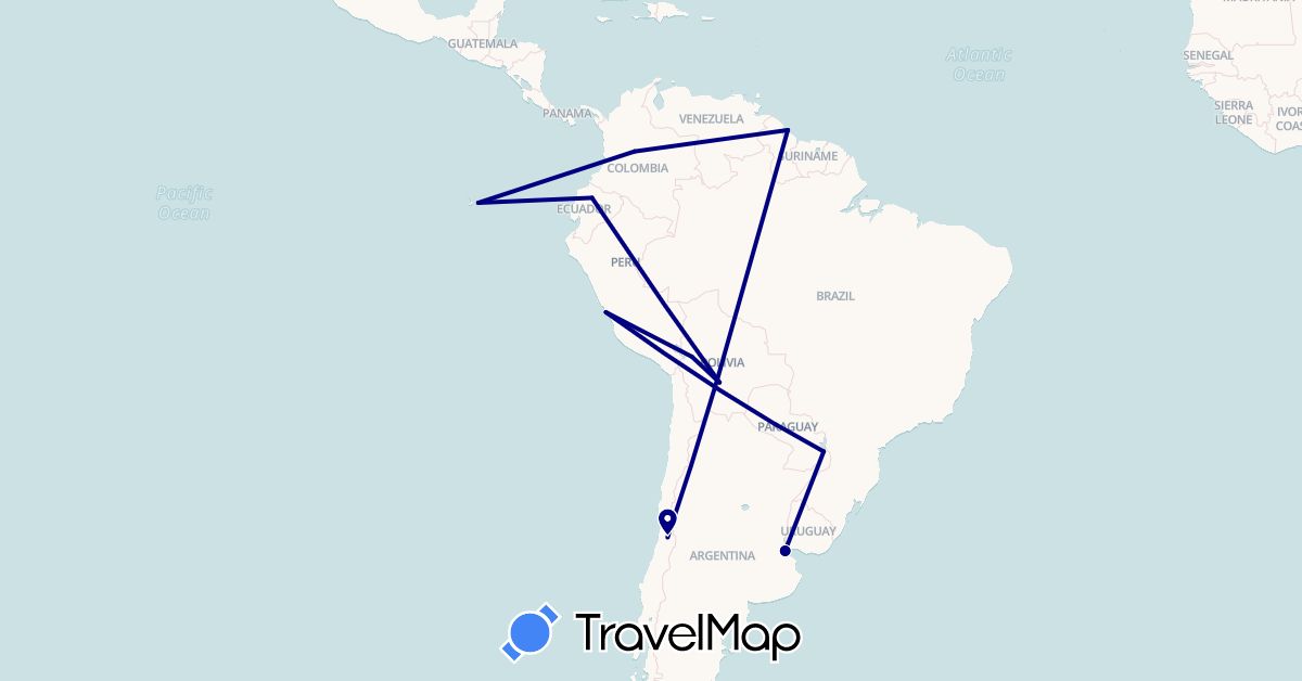 TravelMap itinerary: driving in Argentina, Bolivia, Chile, Colombia, Ecuador, Guyana, Peru (South America)